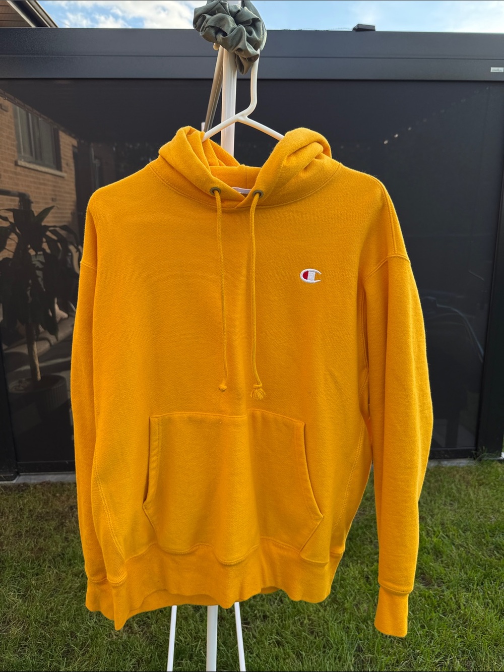 Champion Men’s Yellow Crewneck Hoodie with Chest Logo